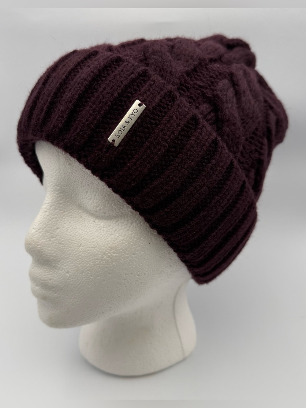 Soia & Kyo Cable Knit Beanie Hat in Merlot Burgundy Chunky Vintage Cozy Chic Sky